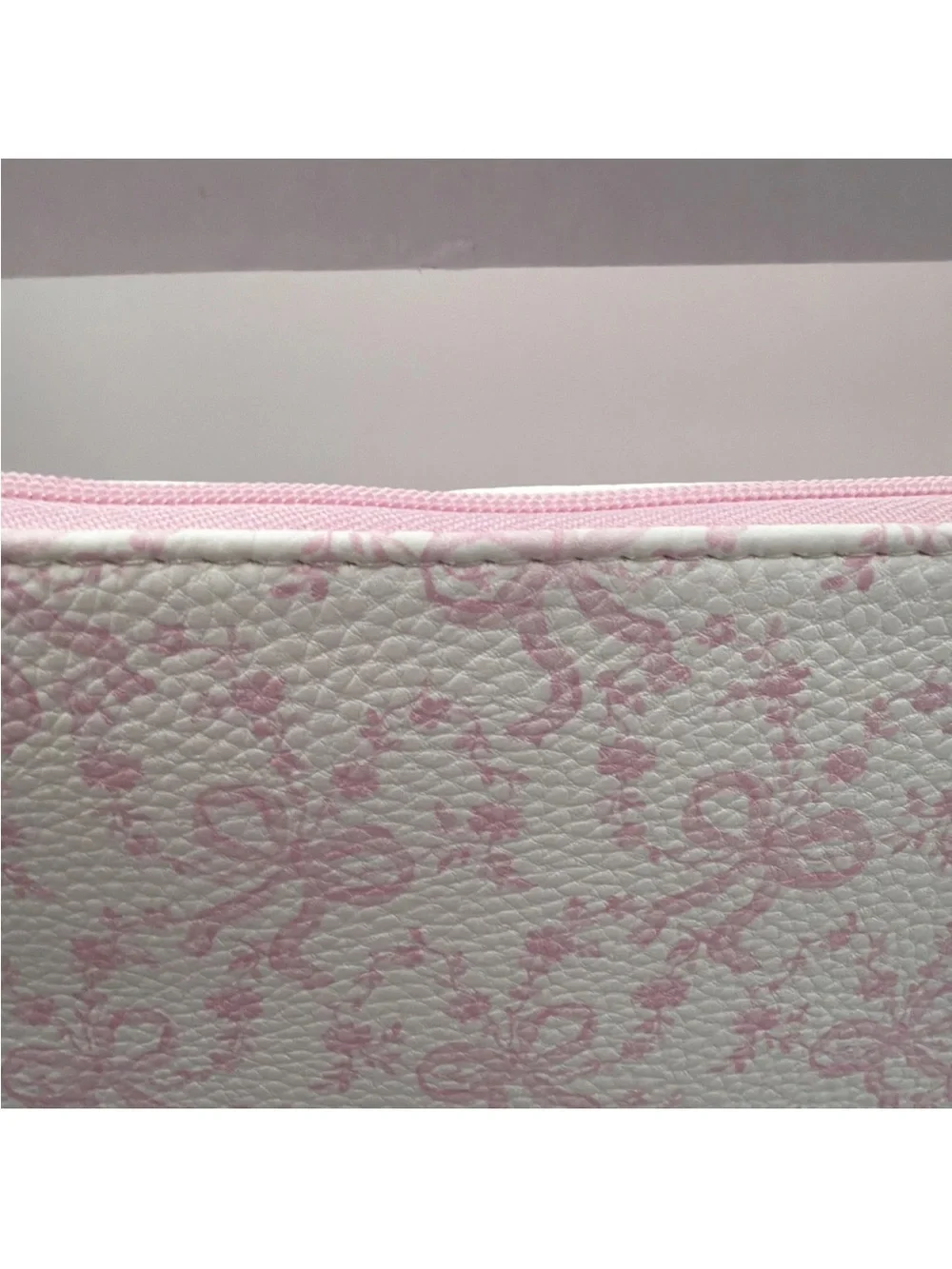 New - LoveShackFancy Pink Coquette Gold Bow Zipper Pouch/Wristlet w Strap